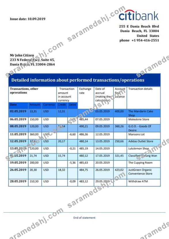 Hong Kong Citibank proof of address bank statement template in Word and PDF format